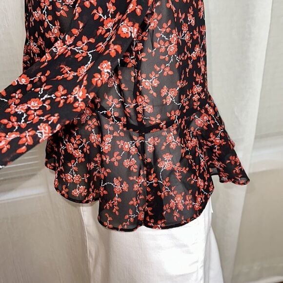 bar III L Black Red White Floral Long Sleeve Tie Front Peplum Ruffle Blouse - Picture 8 of 12